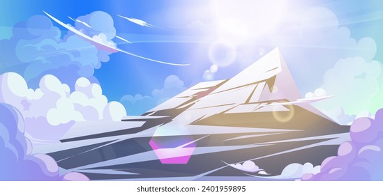 Snowy mountain top above clouds against blue sky with sun. Cartoon vector illustration landscape of high rocky peak covered with white snow. Beautiful aerial panoramic scenery with hills and sunlight.