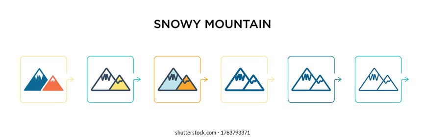 Icono vector de montaña nevado en 6 estilos modernos diferentes. Iconos de montaña nevados, negros, de dos colores, diseñados en un estilo relleno, contorno, línea y trazo. La ilustración vectorial puede utilizarse para la web, el móvil,