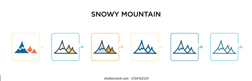 Icono vector de montaña nevado en 6 estilos modernos diferentes. Iconos de montaña nevados, negros, de dos colores, diseñados en un estilo relleno, contorno, línea y trazo. La ilustración vectorial puede utilizarse para la web, el móvil,