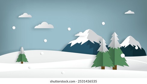 Snowy mountain winter landscape scenery paper cut style. 