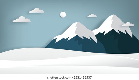 Snowy mountain winter landscape scenery paper cut style. 