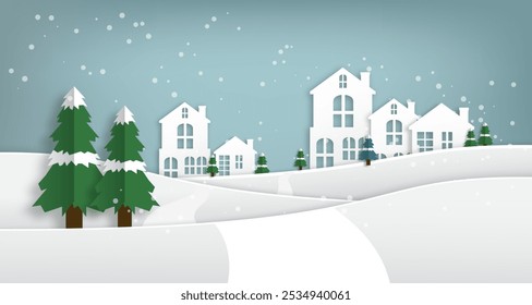 Snowy mountain winter landscape scenery paper cut style. 