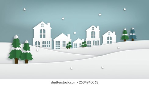 Snowy mountain winter landscape scenery paper cut style. 