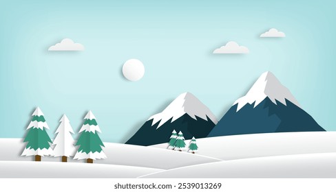 Snowy mountain winter landscape scenery paper cut style. 