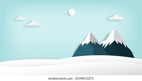 Snowy mountain winter landscape scenery paper cut style. 