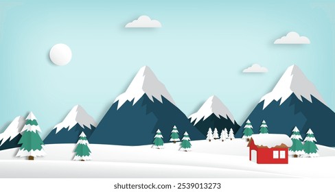 Snowy mountain winter landscape scenery paper cut style. 