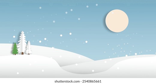 Snowy mountain winter landscape scenery paper cut style. 