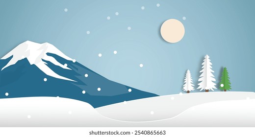 Snowy mountain winter landscape scenery paper cut style. 