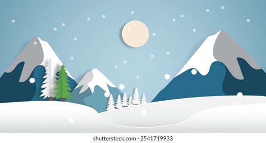 Snowy mountain winter landscape scenery paper cut style. 