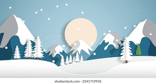 Snowy mountain winter landscape scenery paper cut style. 