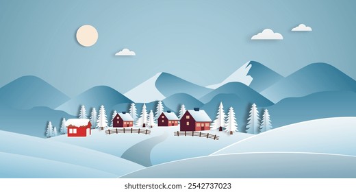 Snowy mountain winter landscape scenery countryside paper cut style.	