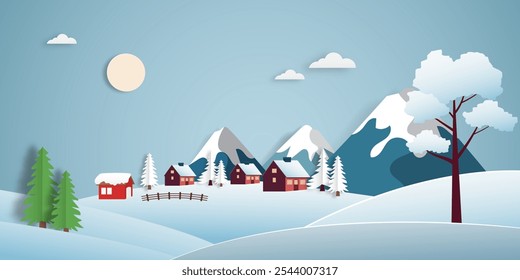 Snowy mountain winter landscape scenery countryside paper cut style.	