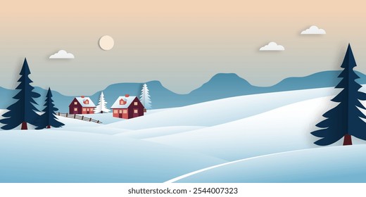 Snowy mountain winter landscape scenery countryside paper cut style.
