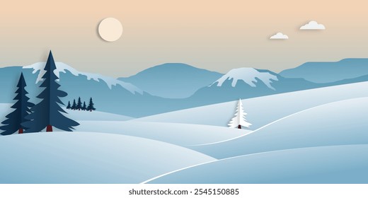 Snowy mountain winter landscape scenery countryside paper cut style.
