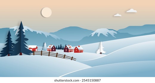 Snowy mountain winter landscape scenery countryside paper cut style.
