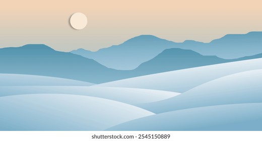 Snowy mountain winter landscape scenery countryside paper cut style.
