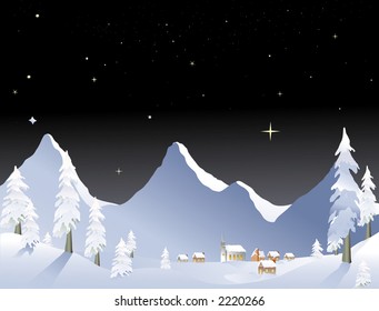 snowy mountain winter village at night
