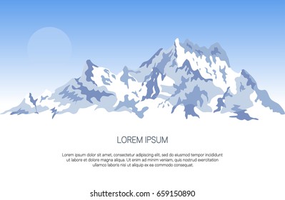 Snowy mountains background with space for text. Vector illustration for banner, poster or web design. Winter mountains landscape.