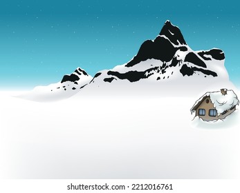 Snowy Mountains with Blue Sky in the Background - Colored Cartoon Illustration, Vector