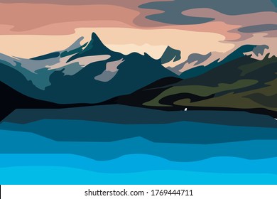 Snowy mountains and blue waves.