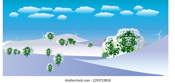 Snowy mountains bring hard trees, sky and clouds.