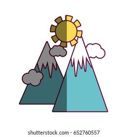 snowy mountains with clouds and sun