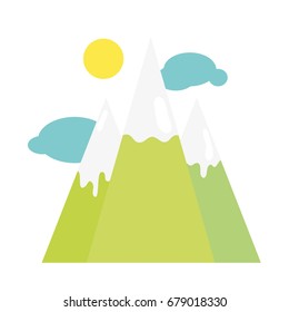 snowy mountains with clouds and sun