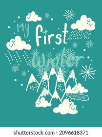snowy mountains clouds themed vector can be used for baby t-shirt print, fashion print design, kids wear, baby shower, bedding set, wallpaper, celebration, greeting cards and invitation.