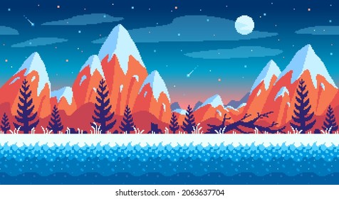 Snowy Mountains, Fir Trees And A Starry Sky. Pixel Art Game Location. 8 Bit Retro Style Backdrop. Seamless Vector Background.