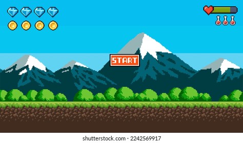 Snowy mountains, fir trees and a starry sky. Pixel art game location. 8 bit retro style backdrop. Seamless vector background