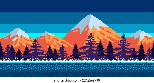 Snowy mountains, fir trees and a starry sky. Pixel art game location. 8 bit retro style backdrop. Seamless vector background