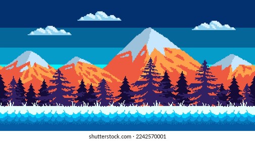 Snowy mountains, fir trees and a starry sky. Pixel art game location. 8 bit retro style backdrop. Seamless vector background