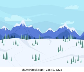 Snowy mountains and fir trees vector illustration set. Winter, hills, snow. Nature, weather concept