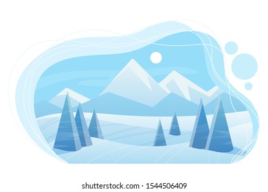 Snowy mountains and forest flat vector illustration. Blue winter landscape in cloud. Spruces in grove. Scenic nature view in cold sunny day. Seasonal background. Wintertime outdoor scene with snow