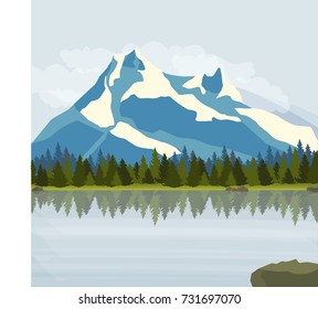 Snowy mountains, green meadows with pine forest and a lake. Vector