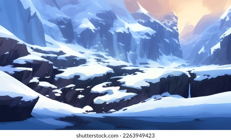 Snowy Mountains and Hill Scenery During The Dawn or Dusk Detailed Hand Drawn Painting Illustration