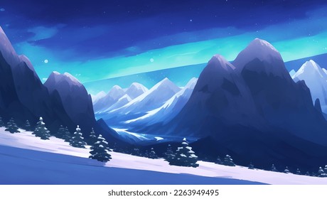 Snowy Mountains and Hill Scenery During The Night with Beautiful Glowing Aurora Lights Detailed Hand Drawn Painting Illustration