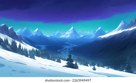 Snowy Mountains and Hill Scenery During The Night with Beautiful Glowing Aurora Lights Detailed Hand Drawn Painting Illustration