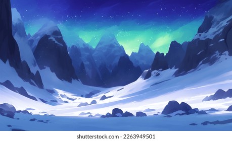 Snowy Mountains and Hill Scenery During The Night with Beautiful Glowing Aurora Lights Detailed Hand Drawn Painting Illustration