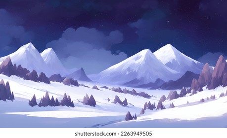 Snowy Mountains and Hill Scenery During The Day Detailed Hand Drawn Painting Illustration