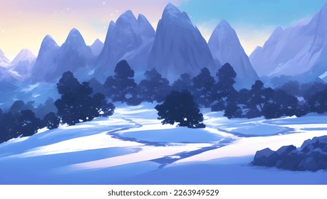 Snowy Mountains and Hill Scenery During The Dawn or Dusk Detailed Hand Drawn Painting Illustration