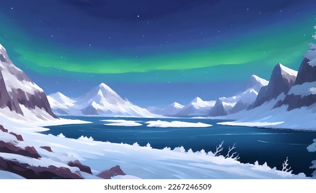 Snowy Mountains and Hill Scenery During The Night with Beautiful Glowing Aurora Lights Detailed Hand Drawn Painting Illustration