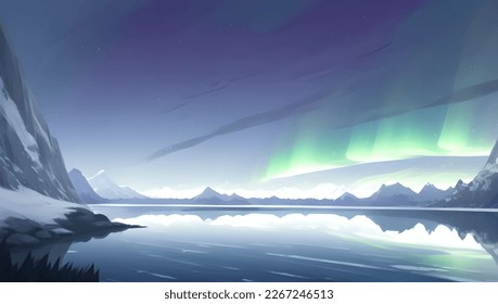 Snowy Mountains and Hill Scenery During The Night with Beautiful Glowing Aurora Lights Detailed Hand Drawn Painting Illustration