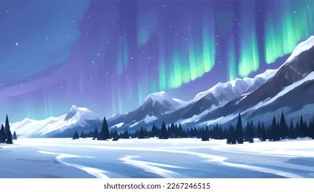 Snowy Mountains and Hill Scenery During The Night with Beautiful Glowing Aurora Lights Detailed Hand Drawn Painting Illustration