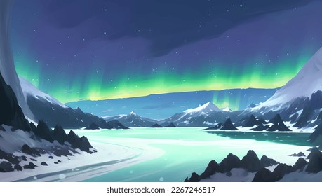 Snowy Mountains and Hill Scenery During The Night with Beautiful Glowing Aurora Lights Detailed Hand Drawn Painting Illustration
