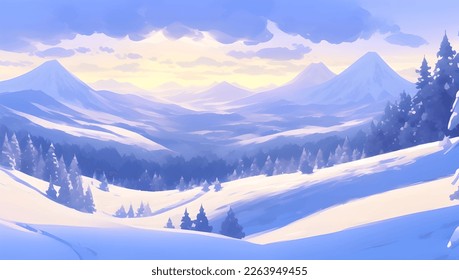 Snowy Mountains and Hills Panoramic Bird View Scenery During Dusk or Dawn Detailed Hand Drawn Painting Illustration