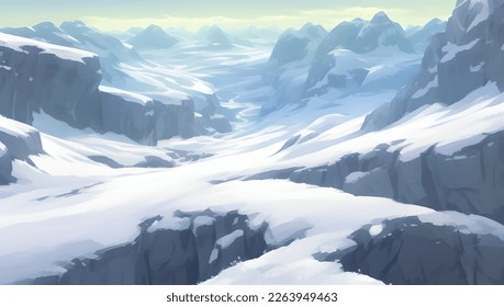 Snowy Mountains and Hills Panoramic Bird View Scenery During Day Detailed Hand Drawn Painting Illustration