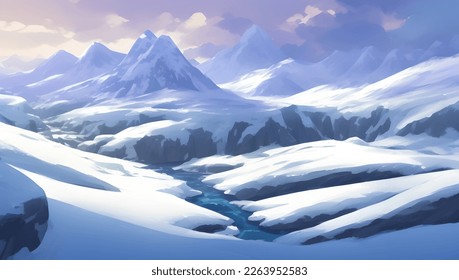 Snowy Mountains and Hills Panoramic Bird View Scenery During Dusk or Dawn Detailed Hand Drawn Painting Illustration