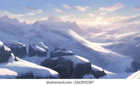 Snowy Mountains and Hills Panoramic Bird View Scenery During Dusk or Dawn Detailed Hand Drawn Painting Illustration