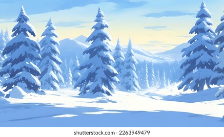 Snowy Mountains and Hills, with Pine and Fir Trees Scenery During Dusk Detailed Hand Drawn Painting Illustration